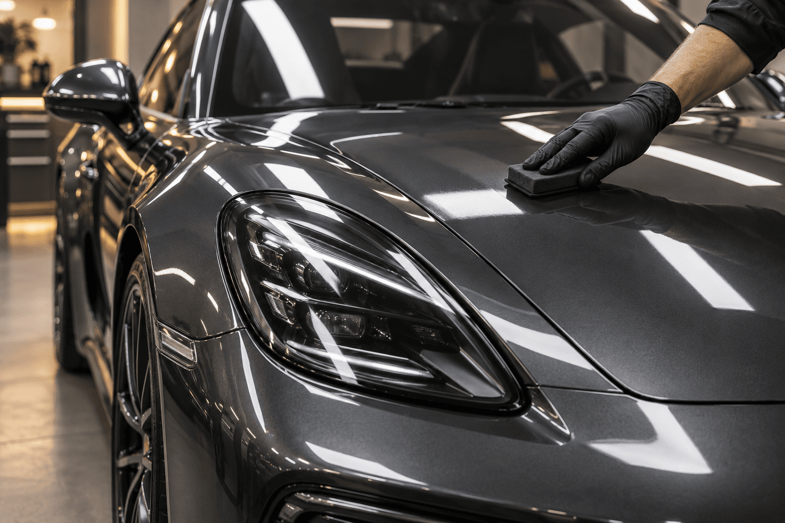 Application d’une protection céramique sur la carrosserie brillante d’une voiture en atelier
